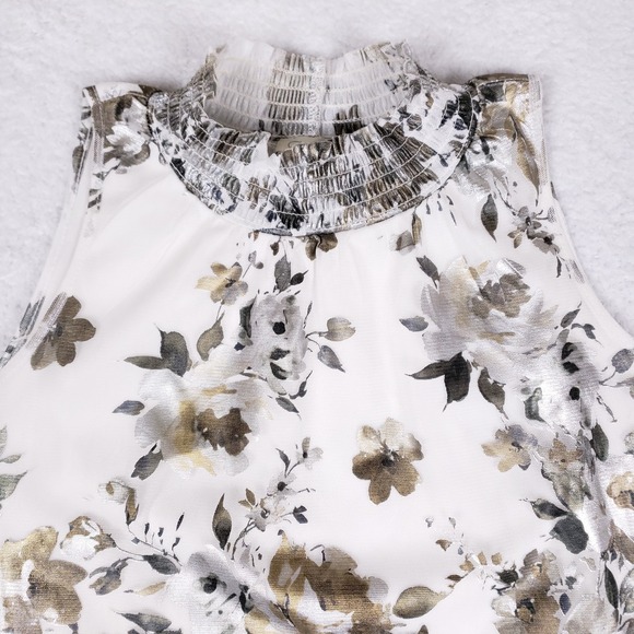 Chenault Metallic Floral Mock Neck Sleeveless Blouse White Gold Silver XL - Picture 2 of 8